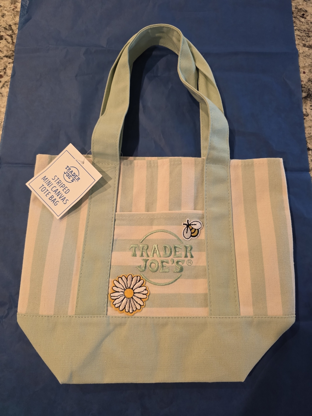 Trader Joe'ds Upcycle Mint Stripe Mini Canvas Tote Bag